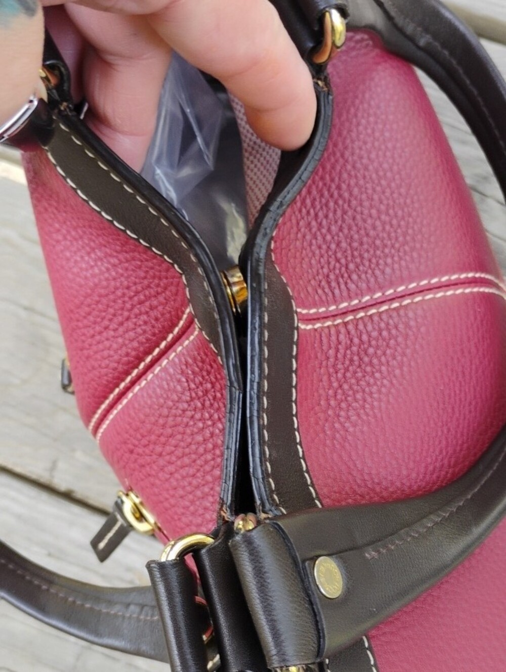 Dooney & Bourke Deep Wine Pebbled Leather Shoulder Bag with Brown Trim - Picture 7 of 12